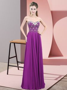 Captivating Sleeveless Chiffon Floor Length Zipper Prom Dress in Purple with Beading