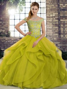 Decent Sleeveless Beading and Ruffles Lace Up Ball Gown Prom Dress with Olive Green Brush Train