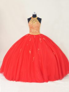 Red Ball Gowns Beading and Appliques 15 Quinceanera Dress Lace Up Tulle Sleeveless Floor Length