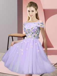 Exquisite Short Sleeves Tulle Knee Length Lace Up Quinceanera Court of Honor Dress in Lavender with Appliques