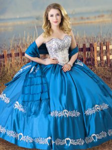 Spectacular Floor Length Baby Blue Sweet 16 Dresses Satin Sleeveless Beading and Embroidery