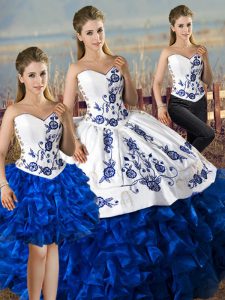 Charming Blue And White Quinceanera Dress Sweet 16 and Quinceanera with Embroidery and Ruffles Sweetheart Sleeveless Lace Up