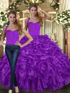 Pretty Two Pieces Vestidos de Quinceanera Purple Halter Top Organza Sleeveless Floor Length Lace Up