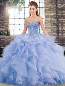 Delicate Lavender Sleeveless Tulle Brush Train Lace Up Sweet 16 Dress for Military Ball and Sweet 16 and Quinceanera