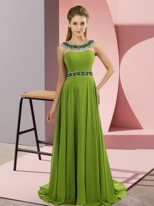 Artistic Beading Homecoming Dress Olive Green Zipper Sleeveless Brush Train
