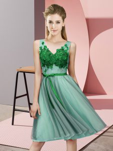 Decent Tulle V-neck Sleeveless Lace Up Appliques Dama Dress for Quinceanera in Apple Green