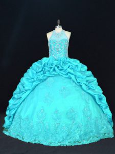 Sleeveless Taffeta Floor Length Lace Up 15 Quinceanera Dress in Aqua Blue with Beading and Appliques and Embroidery and Pick Ups