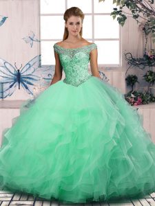 Custom Fit Ball Gowns 15 Quinceanera Dress Apple Green Off The Shoulder Tulle Sleeveless Floor Length Lace Up