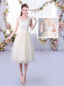 Sexy Champagne Quinceanera Dama Dress Wedding Party with Lace V-neck Sleeveless Lace Up