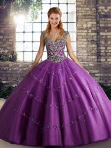 Wonderful Purple Tulle Lace Up Sweet 16 Quinceanera Dress Sleeveless Floor Length Beading and Appliques