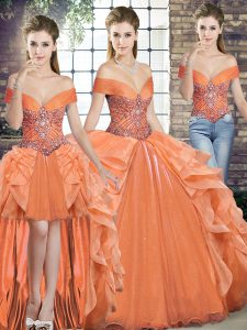 High End Orange Quinceanera Dress Military Ball and Sweet 16 and Quinceanera with Beading and Ruffles Off The Shoulder Sleeveless Lace Up