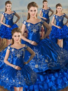 Edgy Floor Length Royal Blue Quinceanera Dresses Off The Shoulder Sleeveless Lace Up