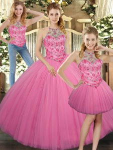 Rose Pink Lace Up Halter Top Embroidery 15 Quinceanera Dress Tulle Sleeveless