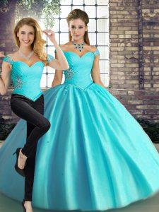 Wonderful Off The Shoulder Sleeveless Lace Up Vestidos de Quinceanera Aqua Blue Tulle