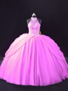High Quality Halter Top Sleeveless Lace Up 15th Birthday Dress Lilac Tulle