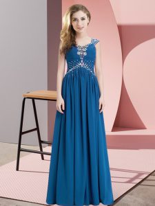 Cap Sleeves Floor Length Beading Lace Up Prom Dresses with Blue
