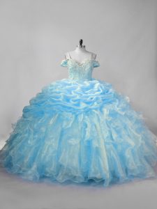 Sleeveless Beading and Ruffles and Pick Ups Lace Up 15 Quinceanera Dress with Baby Blue Brush Train