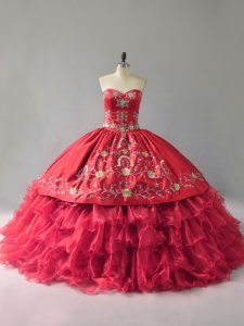 Fabulous Red Sweetheart Lace Up Embroidery and Ruffles 15 Quinceanera Dress Sleeveless