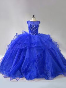 Clearance Royal Blue Vestidos de Quinceanera Sweet 16 and Quinceanera with Beading and Ruffles Scoop Sleeveless Brush Train Lace Up