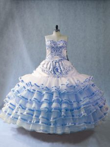 Flare Sleeveless Floor Length Embroidery and Ruffled Layers Lace Up Sweet 16 Dresses with Blue And White