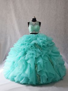 Aqua Blue Quinceanera Gown Sweet 16 and Quinceanera with Beading and Ruffles Scoop Sleeveless Brush Train Zipper