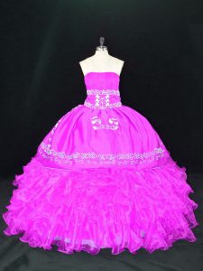High Quality Fuchsia Organza Lace Up Strapless Sleeveless Floor Length 15 Quinceanera Dress Embroidery and Ruffles