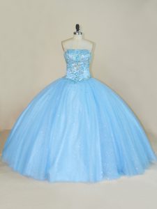 Dramatic Strapless Sleeveless Tulle Quinceanera Gowns Beading Lace Up