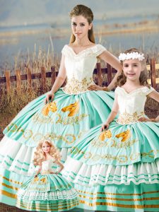 Sleeveless Floor Length Embroidery and Ruffled Layers Lace Up Sweet 16 Dresses with Apple Green