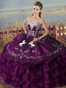 Superior Purple Quinceanera Gowns Sweet 16 and Quinceanera with Embroidery and Ruffles Sweetheart Sleeveless Lace Up