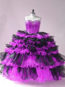Sweetheart Sleeveless Quince Ball Gowns Floor Length Beading and Ruffled Layers Black And Purple Organza