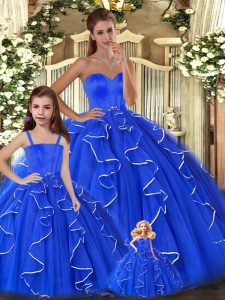 Super Blue Ball Gowns Beading and Ruffles Quinceanera Dress Lace Up Tulle Sleeveless Floor Length