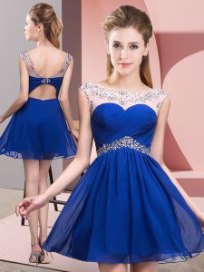 Chic Royal Blue Backless Prom Dress Beading and Ruching Sleeveless Mini Length