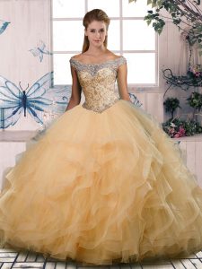 Clearance Gold Lace Up Off The Shoulder Beading and Ruffles Quinceanera Dress Tulle Sleeveless