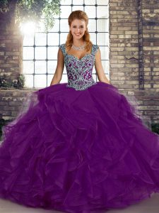 High End Straps Sleeveless Quinceanera Gown Floor Length Beading and Ruffles Purple Tulle