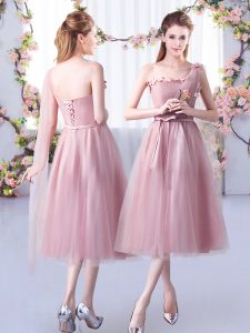 Pink Lace Up One Shoulder Appliques and Belt Court Dresses for Sweet 16 Tulle Sleeveless