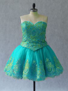 High Class Turquoise Lace Up Sweetheart Appliques and Embroidery Tulle Sleeveless