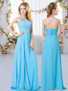 Aqua Blue Zipper One Shoulder Beading Dama Dress Chiffon Sleeveless