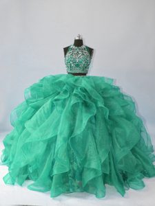 Beading and Ruffles Quinceanera Dress Turquoise Backless Sleeveless Brush Train