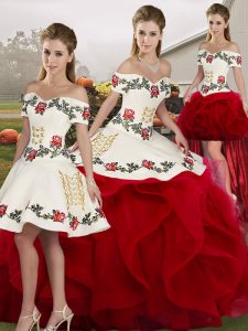 Gorgeous Sleeveless Tulle Floor Length Lace Up 15 Quinceanera Dress in White And Red with Embroidery and Ruffles