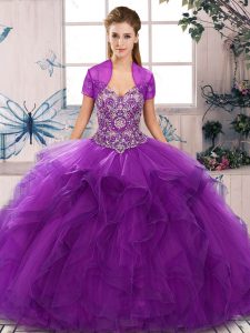 Dynamic Purple Ball Gowns Off The Shoulder Sleeveless Tulle Floor Length Lace Up Beading and Ruffles 15th Birthday Dress