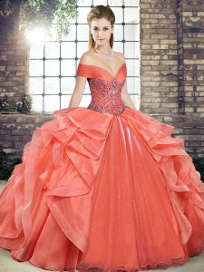 Artistic Orange Red Lace Up Off The Shoulder Beading and Ruffles Quinceanera Gown Organza Sleeveless