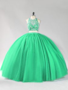 Turquoise Tulle Backless Halter Top Sleeveless Floor Length 15th Birthday Dress Beading
