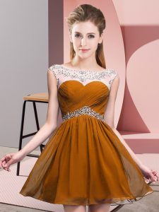 Sexy Brown A-line Beading and Ruching Prom Party Dress Backless Chiffon Sleeveless Mini Length