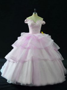 Organza Off The Shoulder Sleeveless Brush Train Lace Up Beading and Ruffled Layers Sweet 16 Quinceanera Dress in Lilac