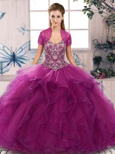 Beading and Ruffles Vestidos de Quinceanera Fuchsia Lace Up Sleeveless Floor Length