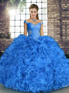 Hot Sale Ball Gowns Quinceanera Gown Blue Off The Shoulder Organza Sleeveless Floor Length Lace Up