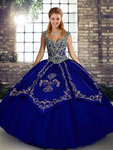 Custom Designed Blue Straps Neckline Beading and Embroidery Quinceanera Dresses Sleeveless Lace Up