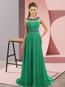 Green Empire Chiffon Scoop Sleeveless Beading Zipper Dress for Prom Brush Train