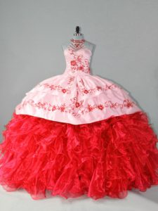 Ball Gowns Sleeveless Red 15th Birthday Dress Court Train Lace Up