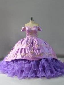 Admirable Lavender Sweet 16 Dress Sweet 16 and Quinceanera with Embroidery and Ruffles Off The Shoulder Sleeveless Chapel Train Lace Up